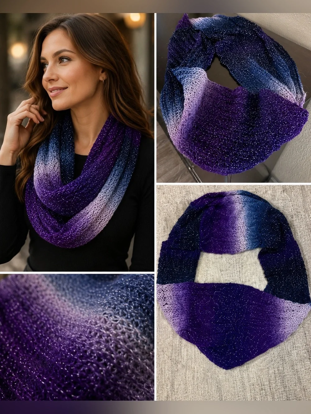 Purple Ombre Infinity Scarf Metallic Knit Loop Wrap